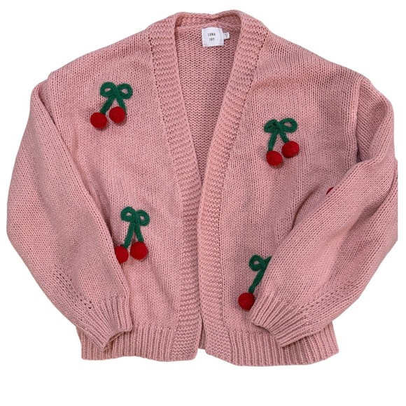 Anthropologie Luna Ivy Pink 3D Cherry Knit Cardigan Sweater Small Chunky Spring - Picture 2 of 12